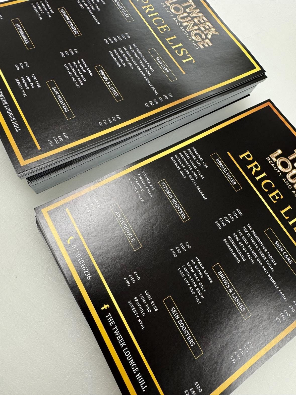 Black and gold price list flyers