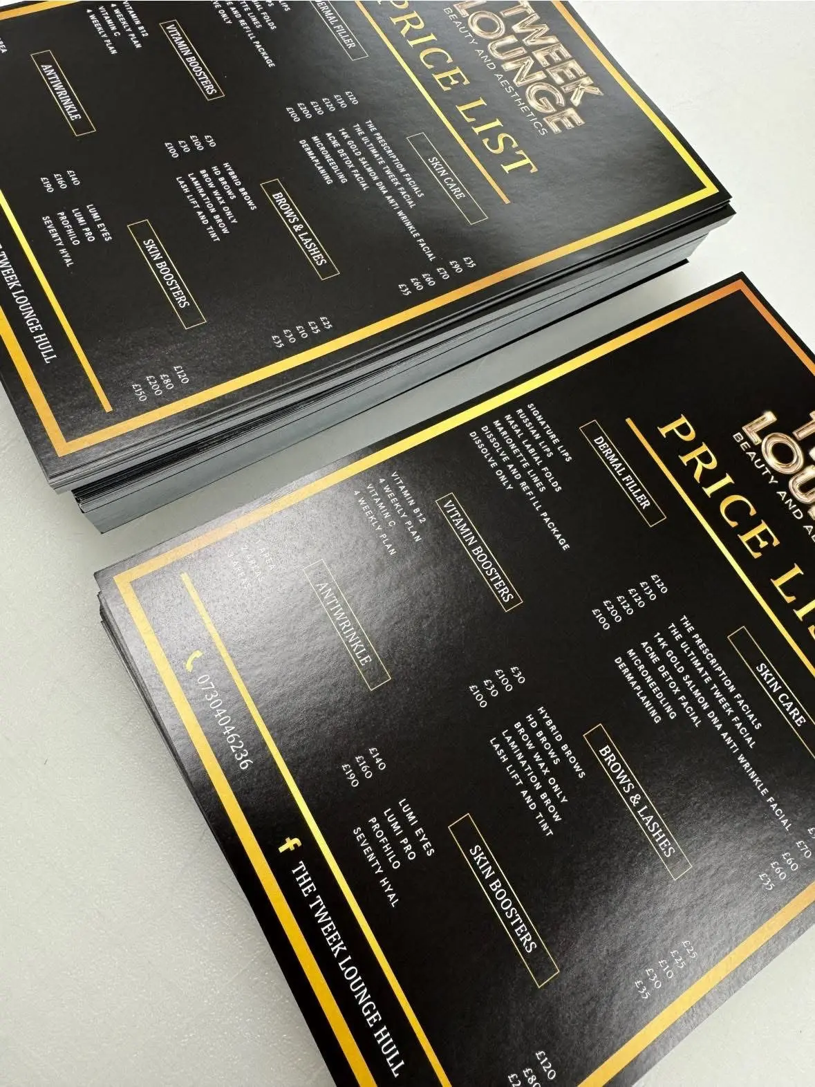 Black and gold price list flyers for beauty and aesthetics clinic