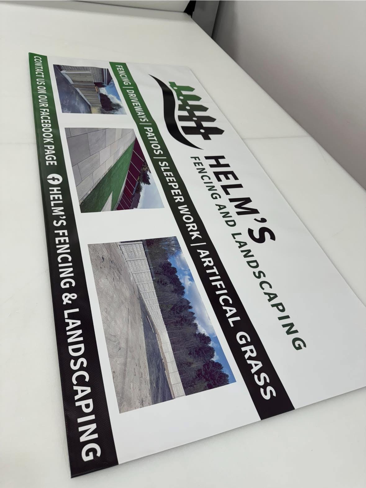 Rigid outdoor sign board for Helms Landscaping