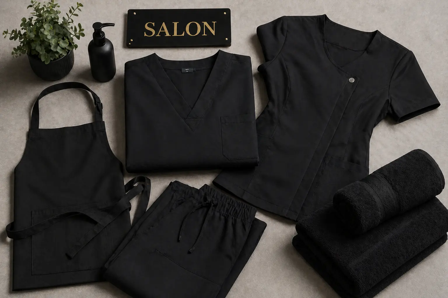 Branded salon uniforms, tunics, aprons and towels